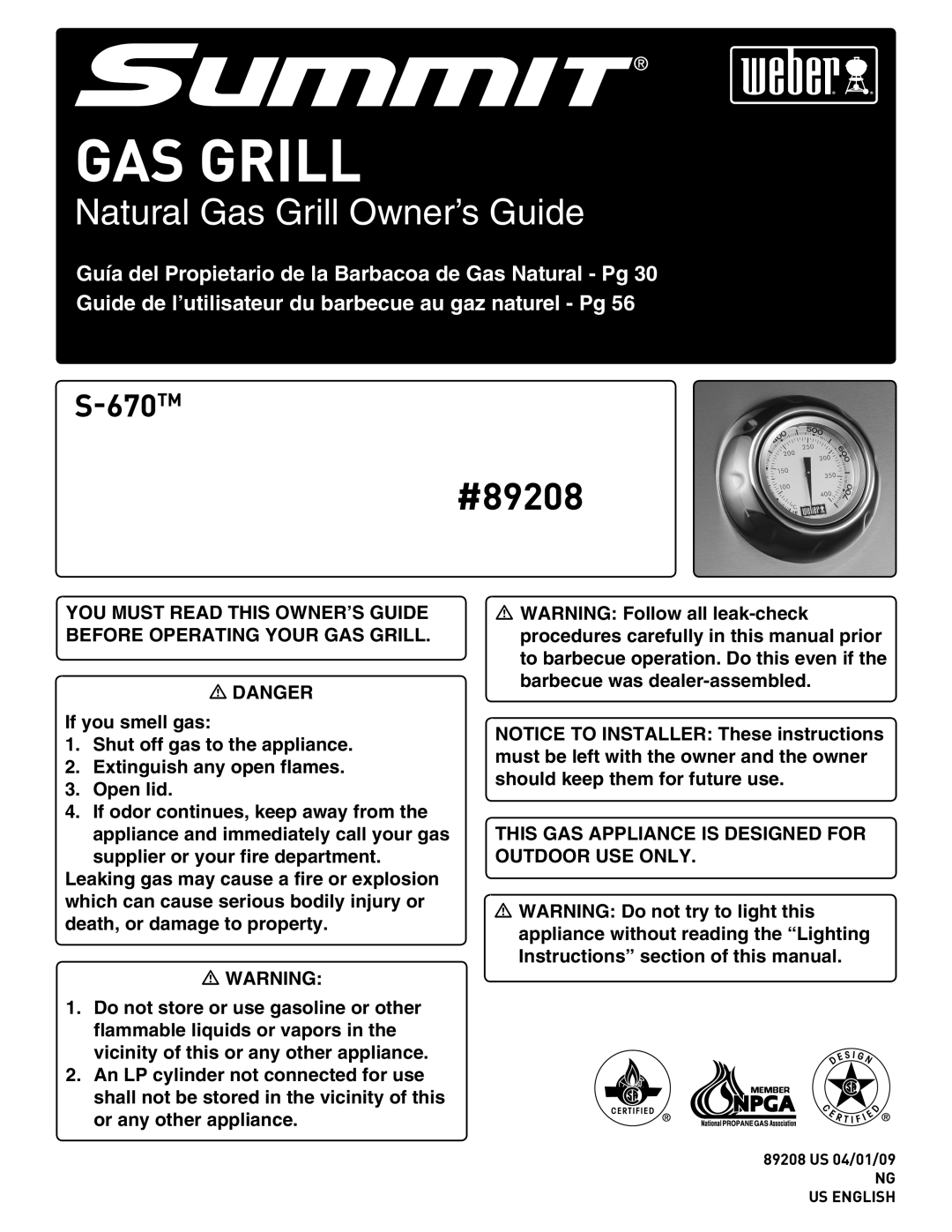 Summit 89208 manual Gas Grill 