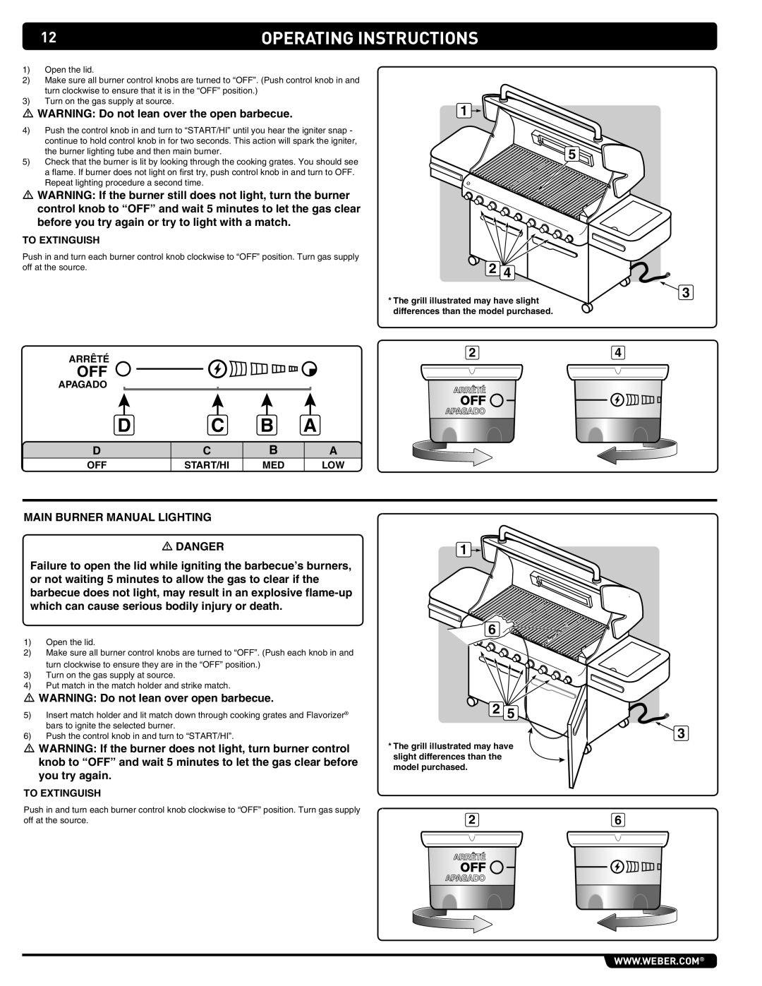 Summit 89208 manual Operating Instructions, To Extinguish, Arrêté, Apagado OFF START/HI MED 