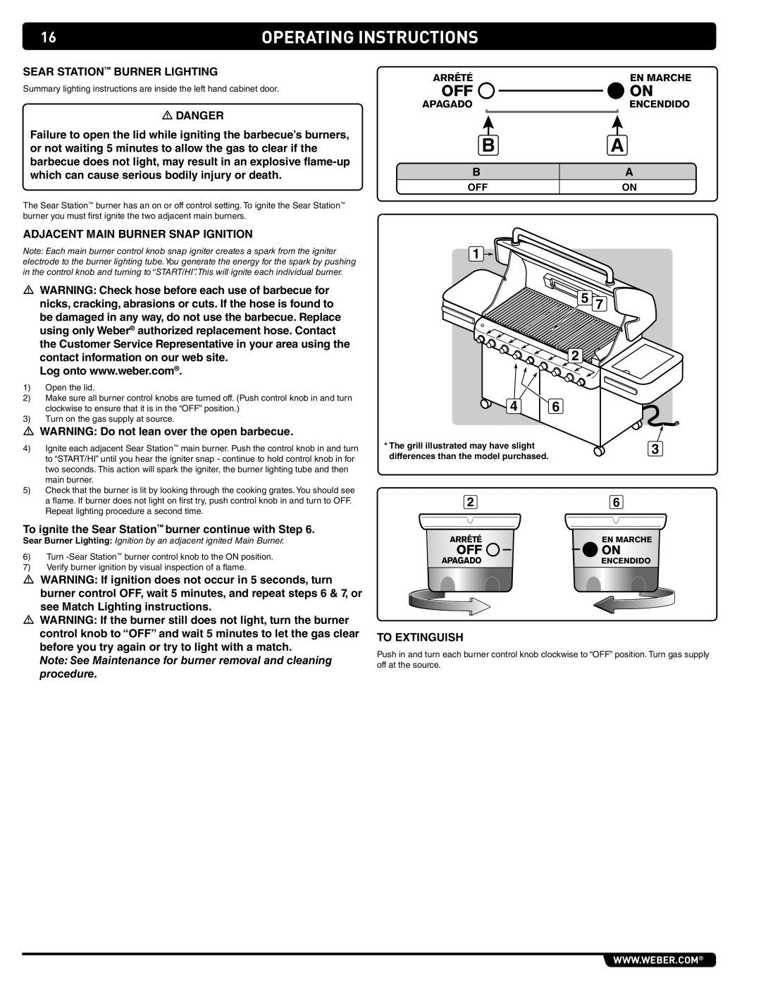 Summit 89208 manual Sear Station Burner Lighting, Adjacent Main Burner Snap Ignition, To Extinguish 