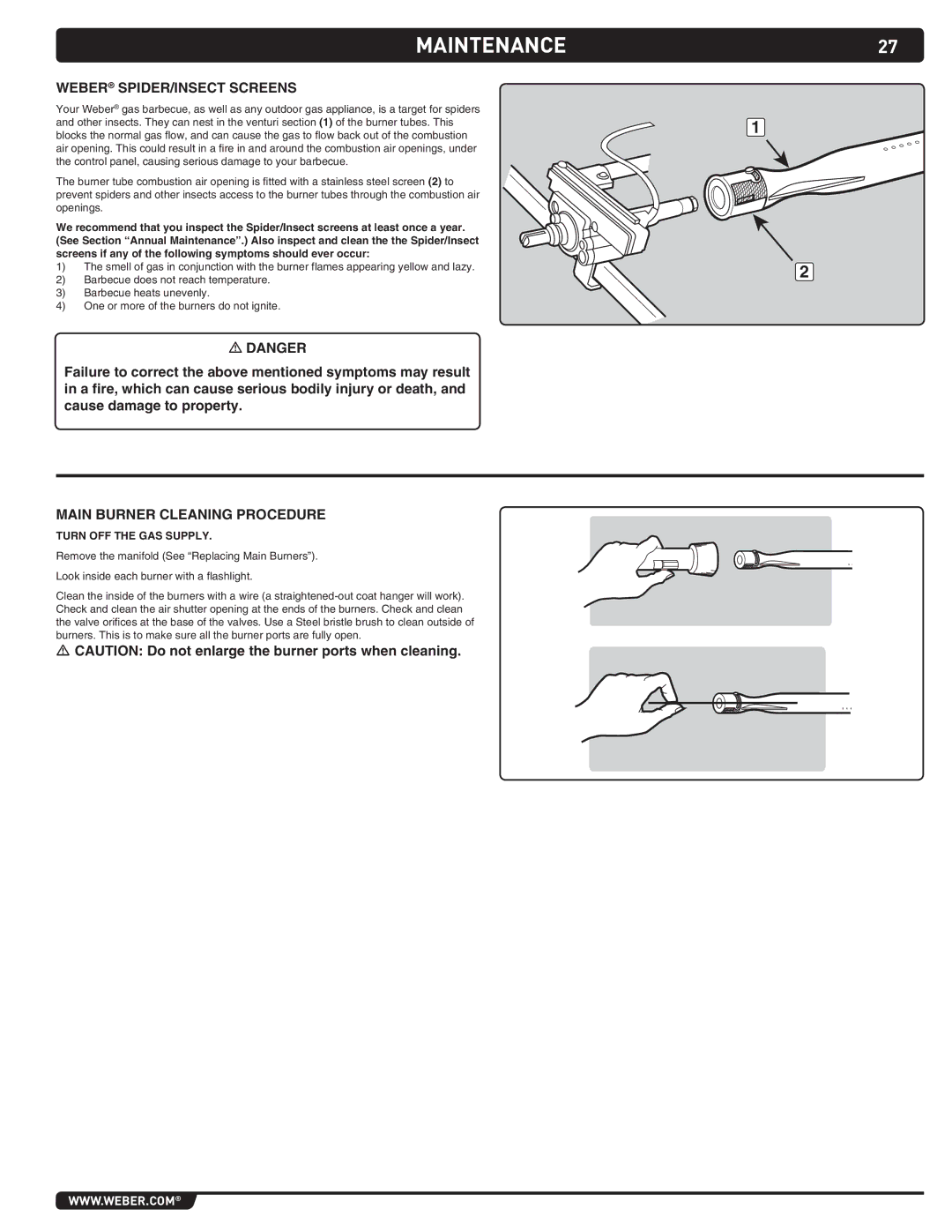 Summit 89208 manual Maintenance, Weber SPIDER/INSECT Screens, Turn off the gas supply 