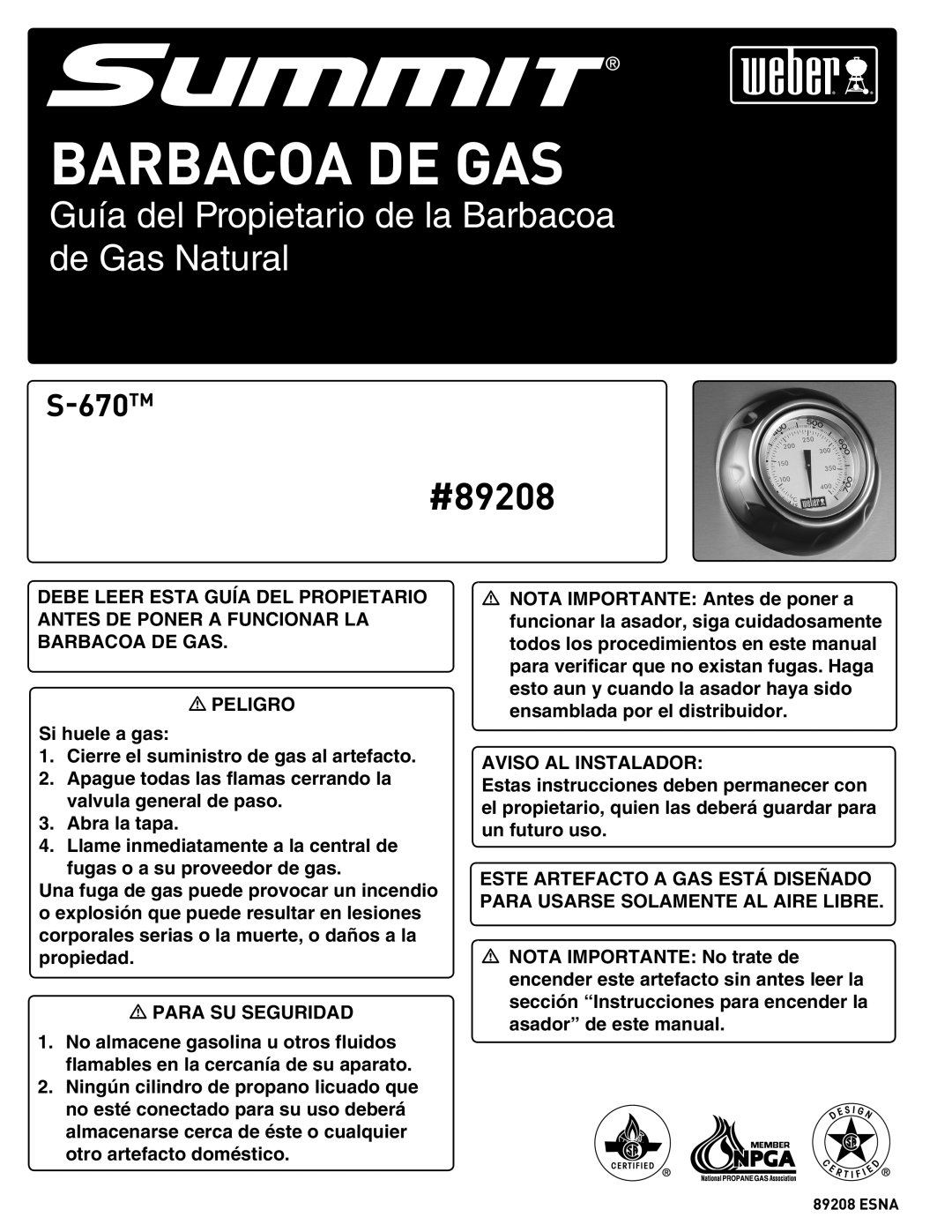 Summit 89208 manual Barbacoa de gas 