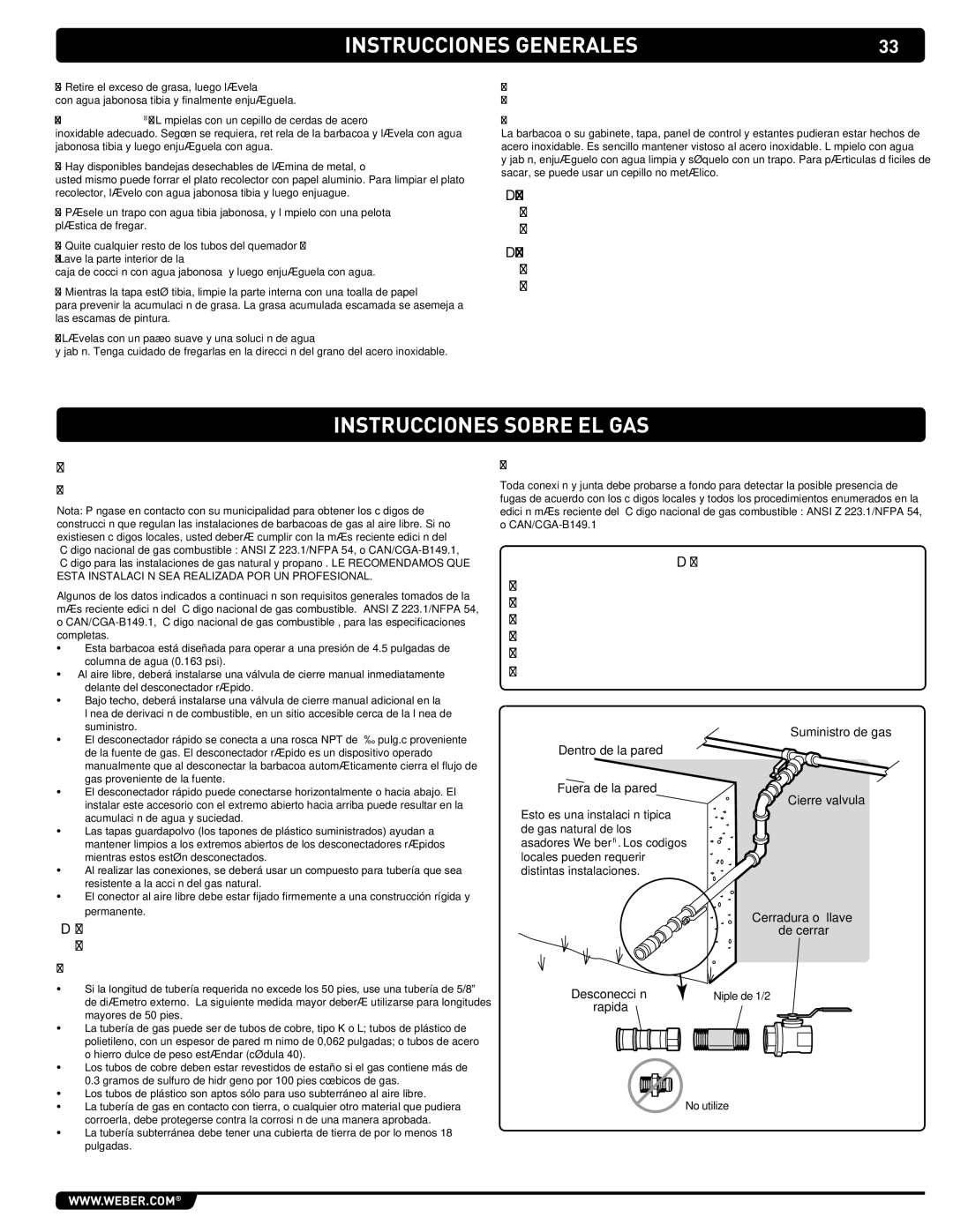 Summit 89208 manual Instrucciones sobre el gas, Instale el suministro de gas, Especificaciones generales de la tubería 