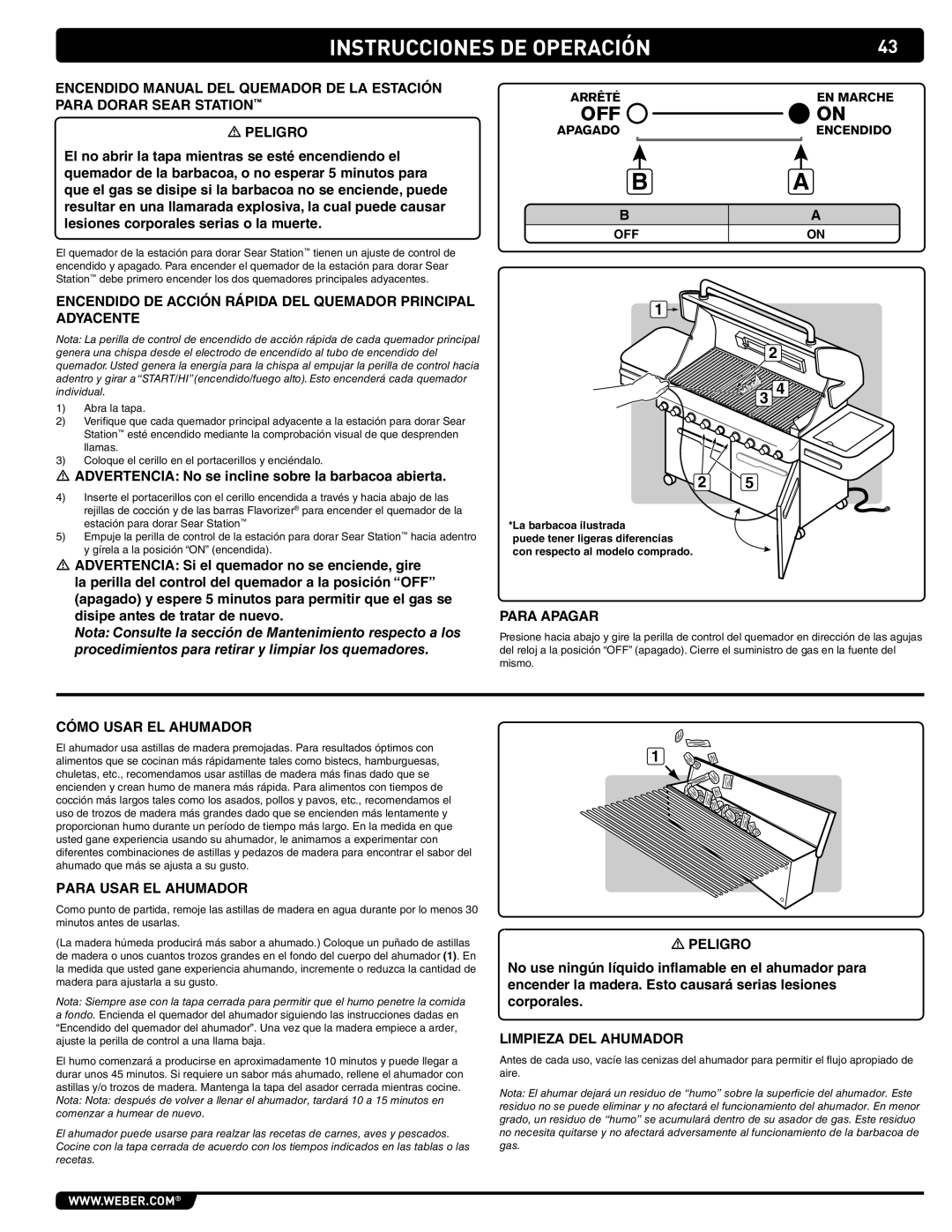 Summit 89208 manual Encendido Manual DEL Quemador DE LA Estación, Para Dorar Sear Station,  Peligro, Para Usar EL Ahumador 