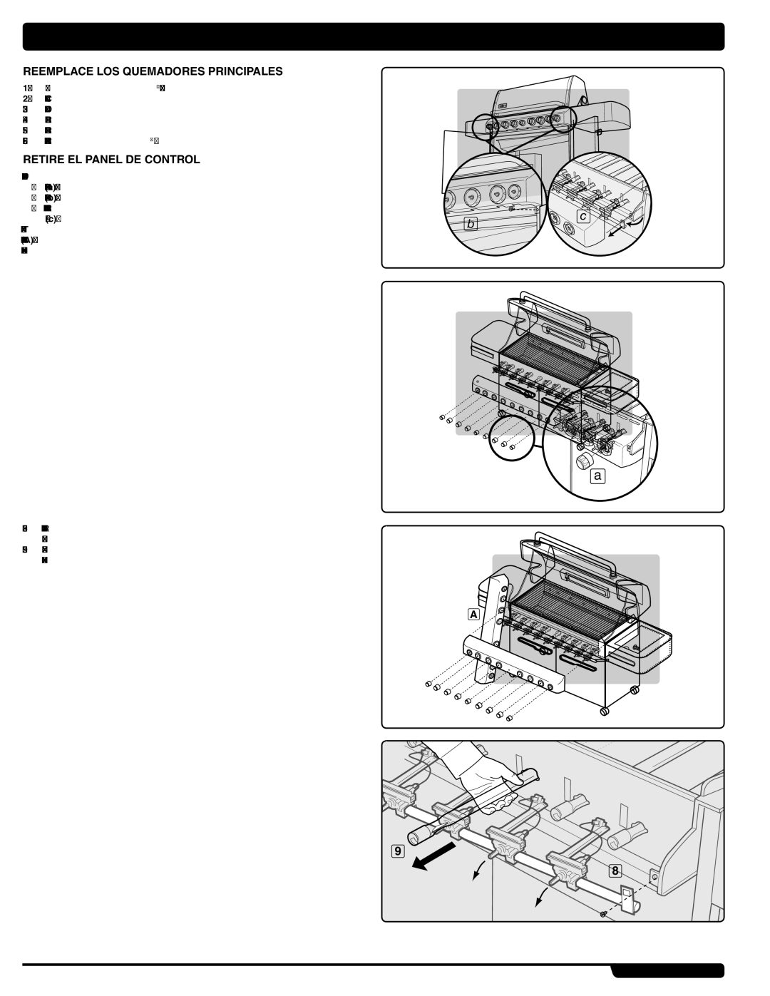 Summit 89208 manual Reemplace los quemadores principales, Retire el panel de control 