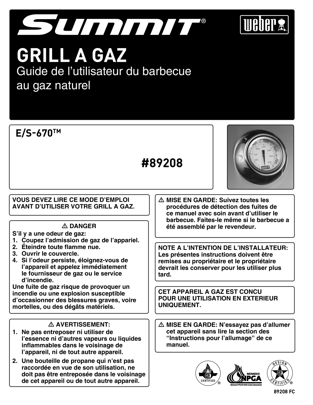 Summit 89208 manual Grill a GAZ 