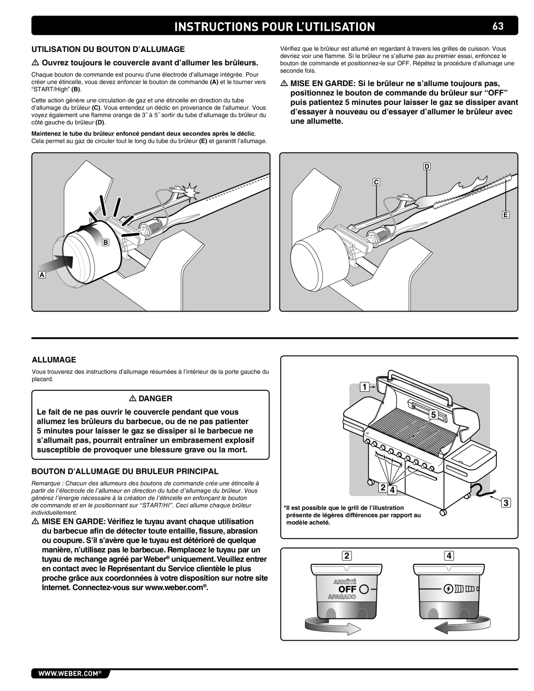 Summit 89208 manual Utilisation DU Bouton D’ALLUMAGE, Ouvrez toujours le couvercle avant d’allumer les brûleurs, Allumage 