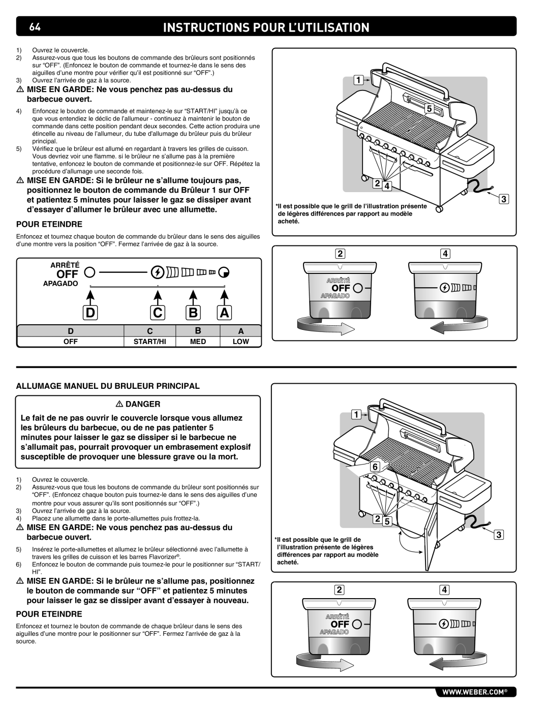 Summit 89208 manual Instructions Pour L’UTILISATION, Pour Eteindre, Allumage Manuel DU Bruleur Principal 