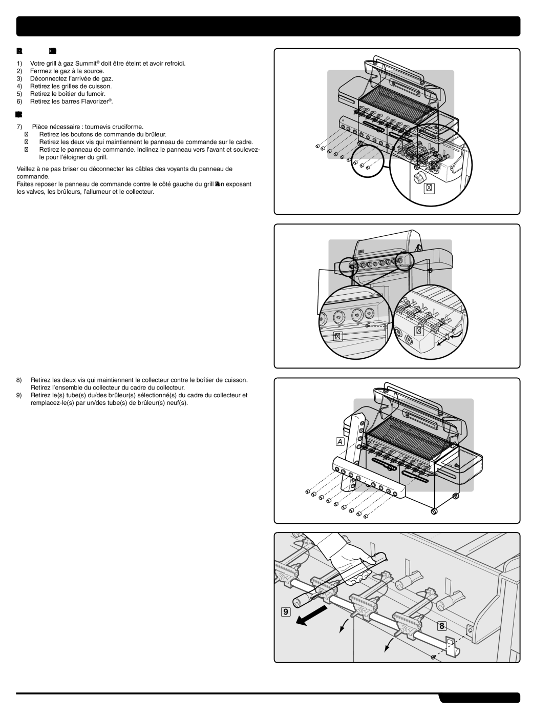 Summit 89208 manual ReMplaceMENT DES Bruleurs Principaux, ReTIREZ LE Panneau DE Commande 