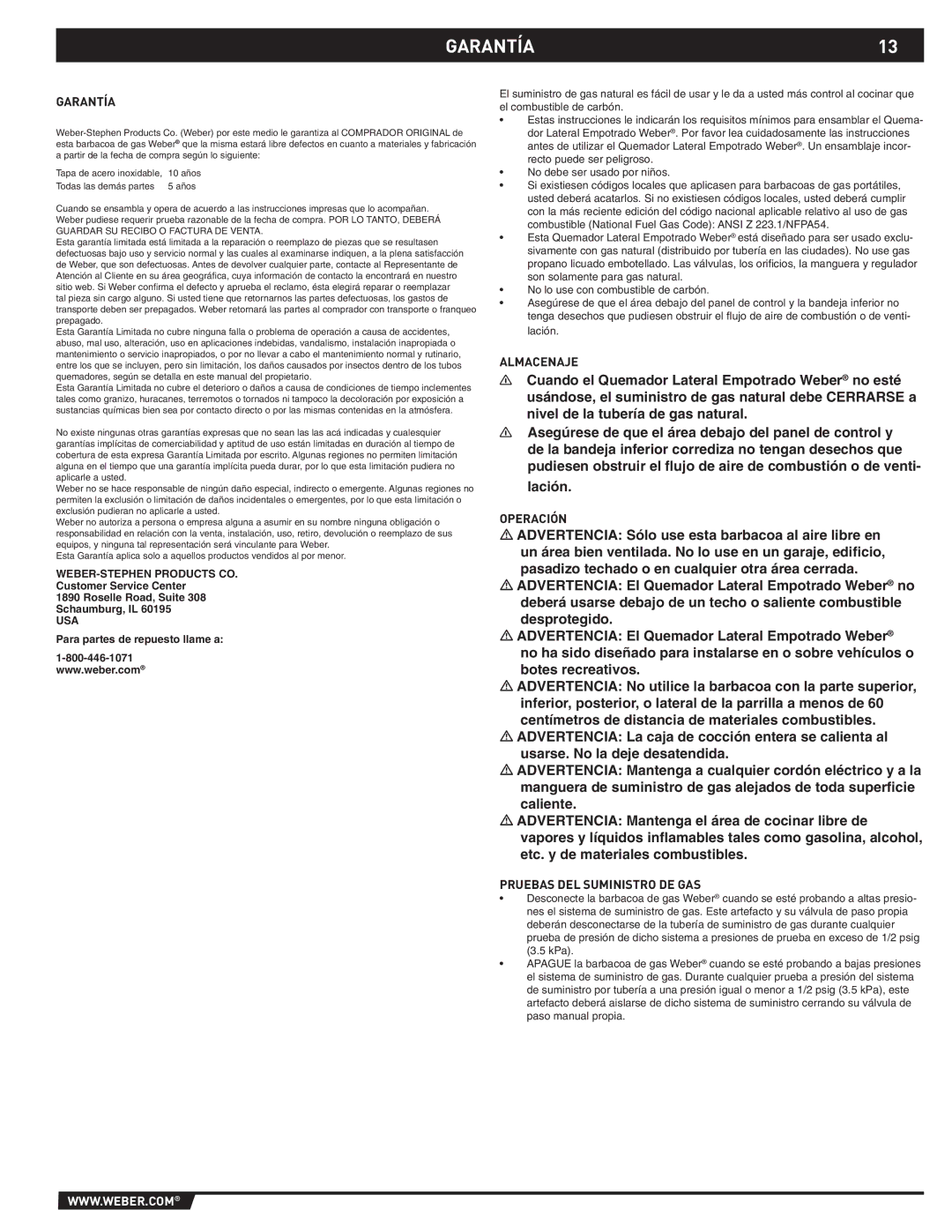 Summit 89795 manual GARANTÍA13, Garantía, Almacenaje, Operación, Pruebas DEL Suministro DE GAS 