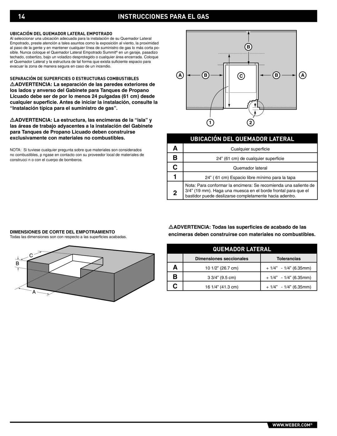 Summit 89795 manual Instrucciones Para EL GAS, Ubicación DEL Quemador Lateral Empotrado 