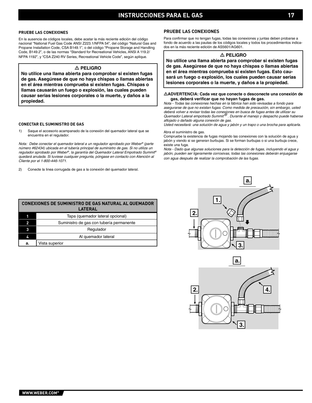 Summit 89795 manual Conexiones DE Suministro DE GAS Natural AL Quemador Lateral, Pruebe LAS Conexiones 