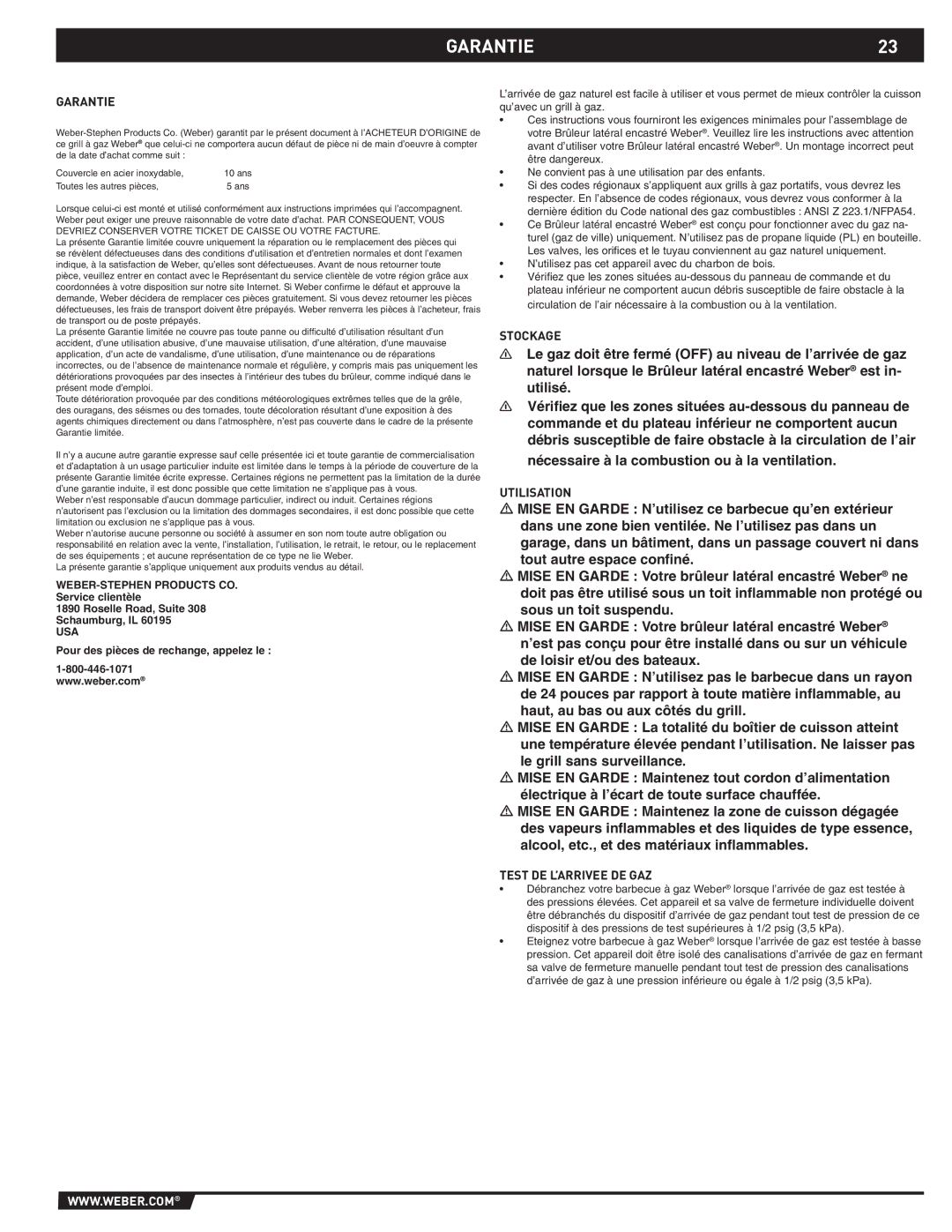 Summit 89795 manual GARANTIE23, Garantie, Stockage, Utilisation, Test DE L’ARRIVEE DE GAZ 