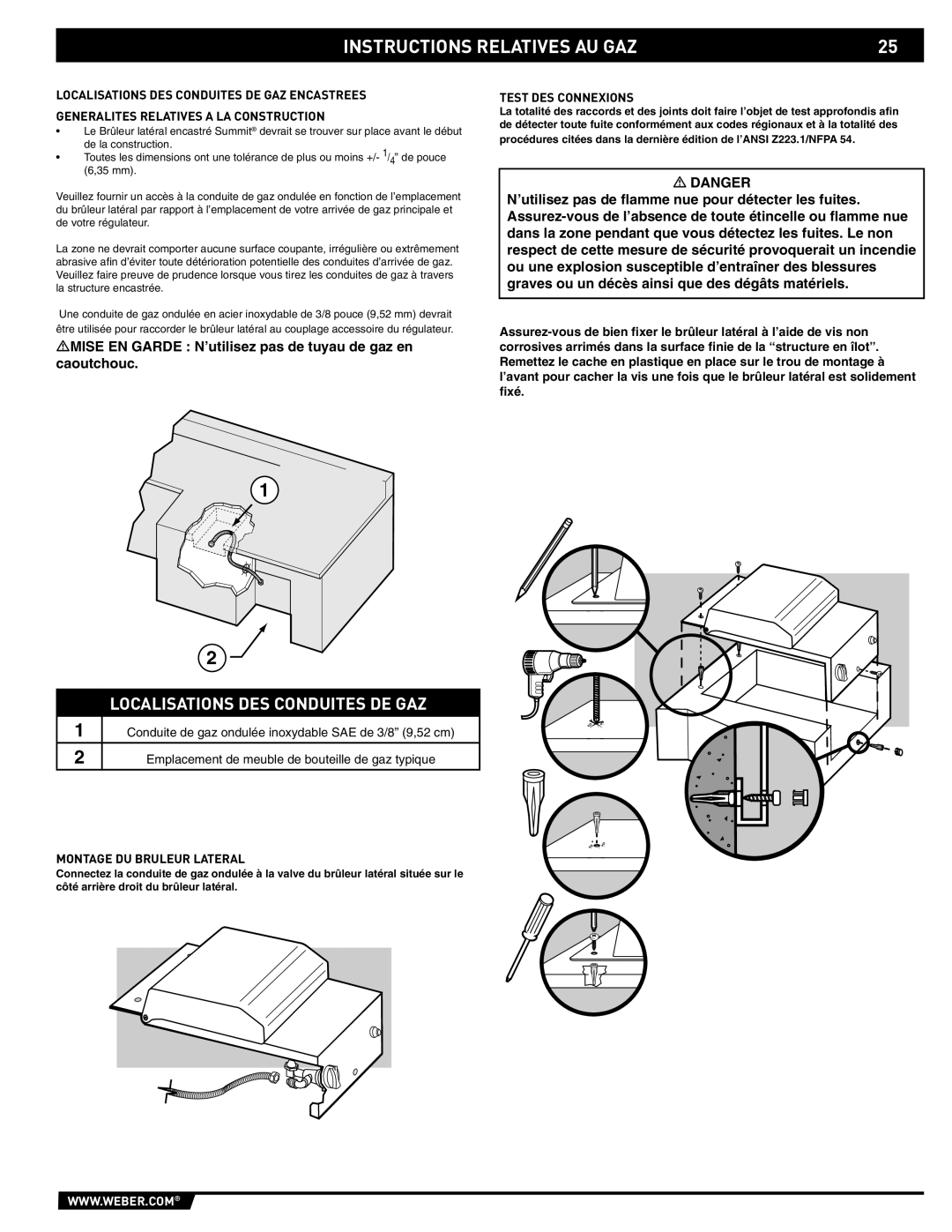 Summit 89795 manual Instructions Relatives AU GAZ, Localisations DES Conduites DE GAZ, Test DES Connexions 