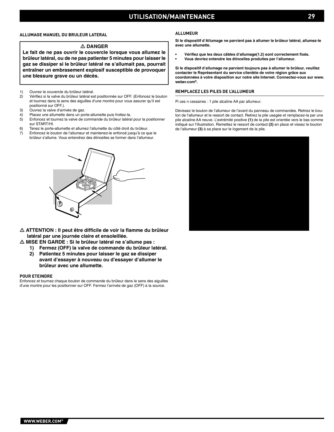 Summit 89795 manual UTILISATION/MAINTENANCE29, Allumage Manuel DU Bruleur Lateral, Pour Eteindre, Allumeur 
