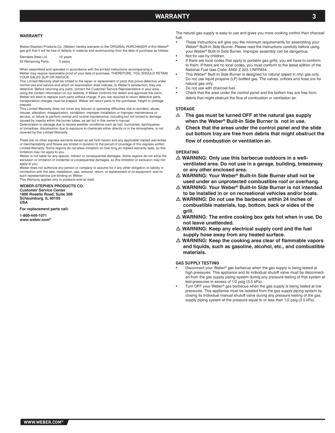 Summit 89795 manual WARRANTY3, Warranty, Storage, Operating GAS Supply Testing 