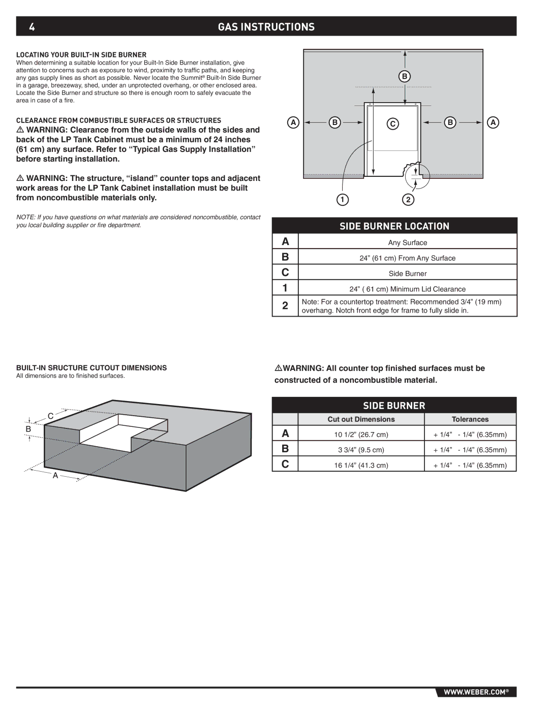 Summit 89795 manual GAS Instructions, Side Burner Location, Locating Your BUILT-IN Side Burner 