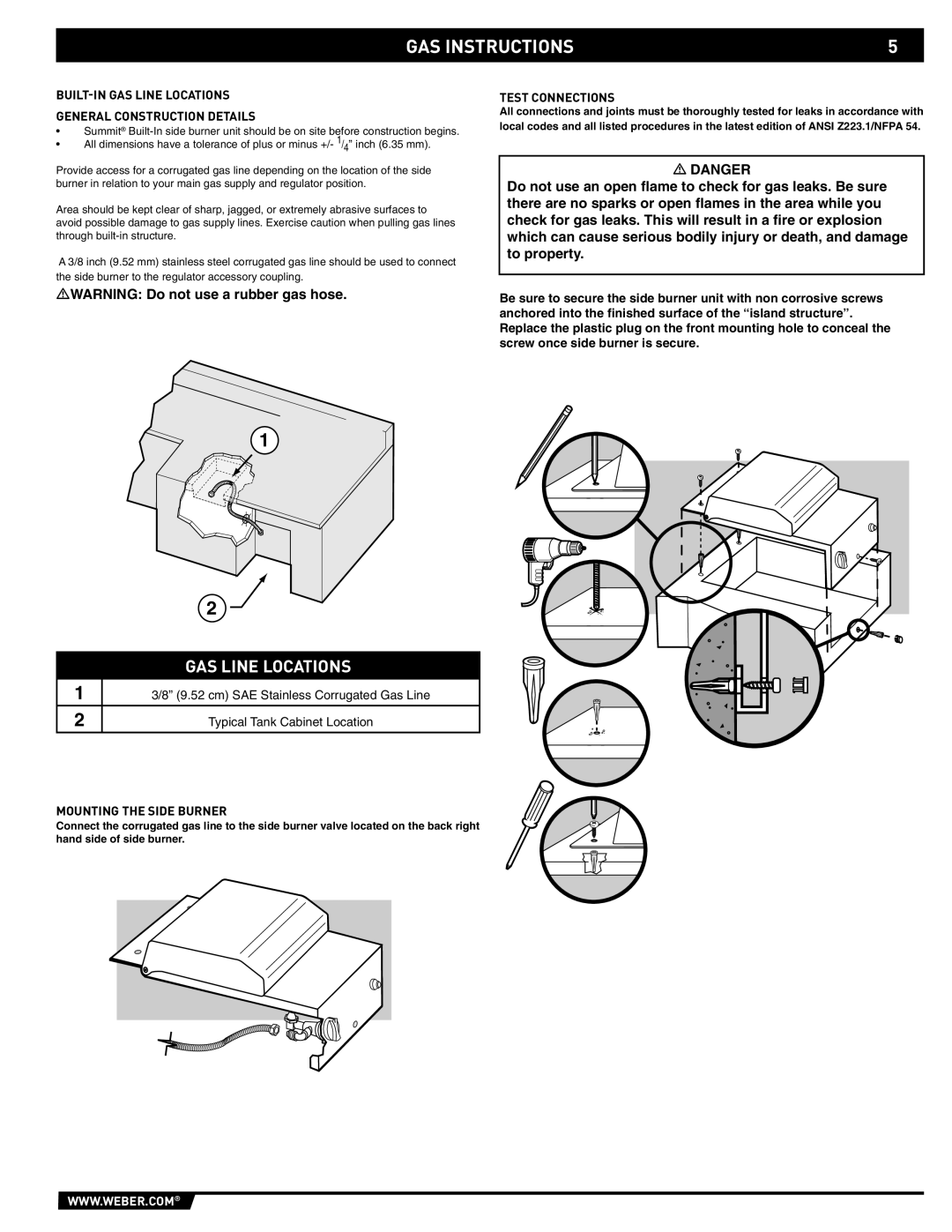 Summit 89795 manual GAS Instructions, BUILT-IN GAS Line Locations General Construction Details, Test Connections 