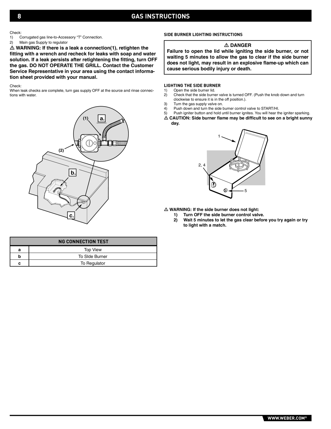 Summit 89795 manual NG Connection Test, Side Burner Lighting Instructions, Lighting the Side Burner 