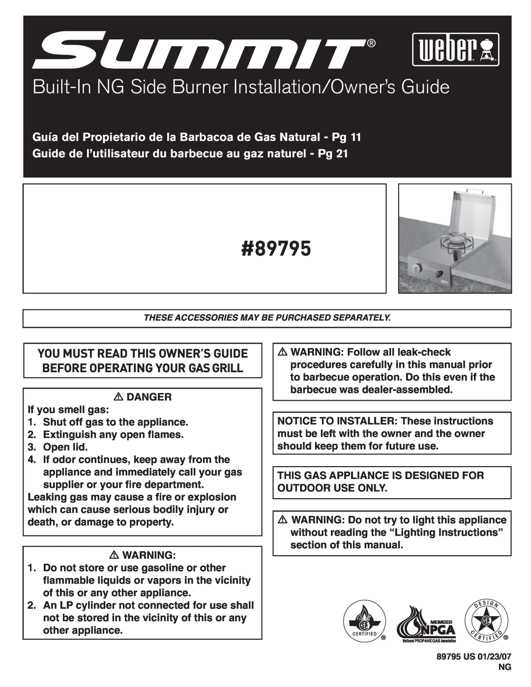 Summit manual #89795, Built-InNG Side Burner Installation/Owner’s Guide 