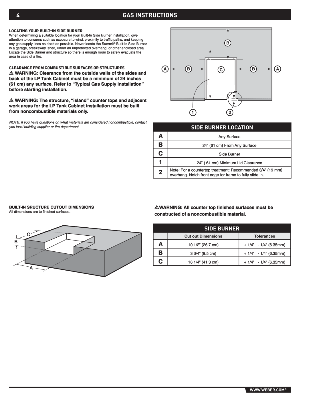 Summit 89795 manual Gas Instructions, Side Burner Location, A B, B C, 24” 61 cm Minimum Lid Clearance, Cut out Dimensions 