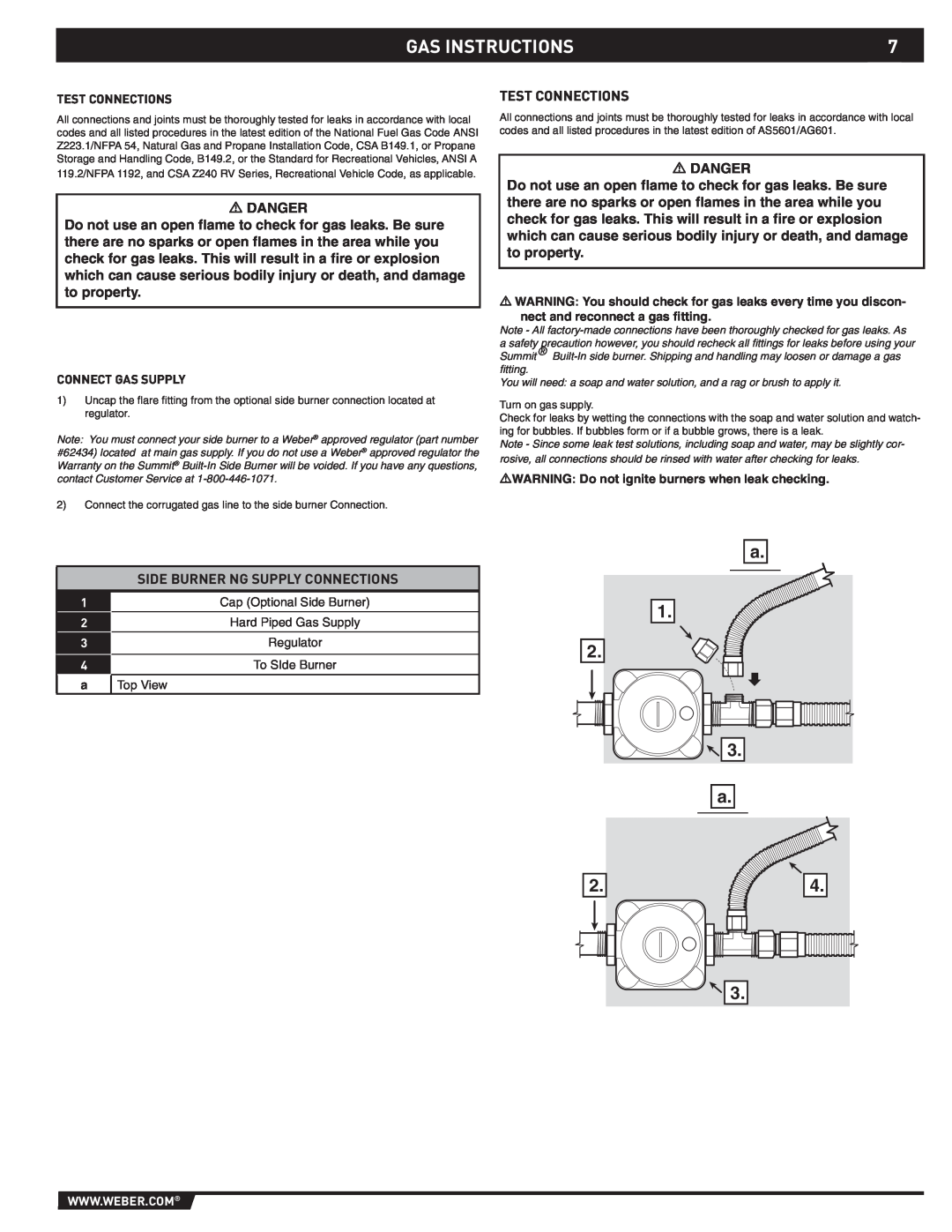 Summit 89795 manual Gas Instructions, a 1 2 3 a, Test Connections, Side Burner Ng Supply Connections, Connect Gas Supply 