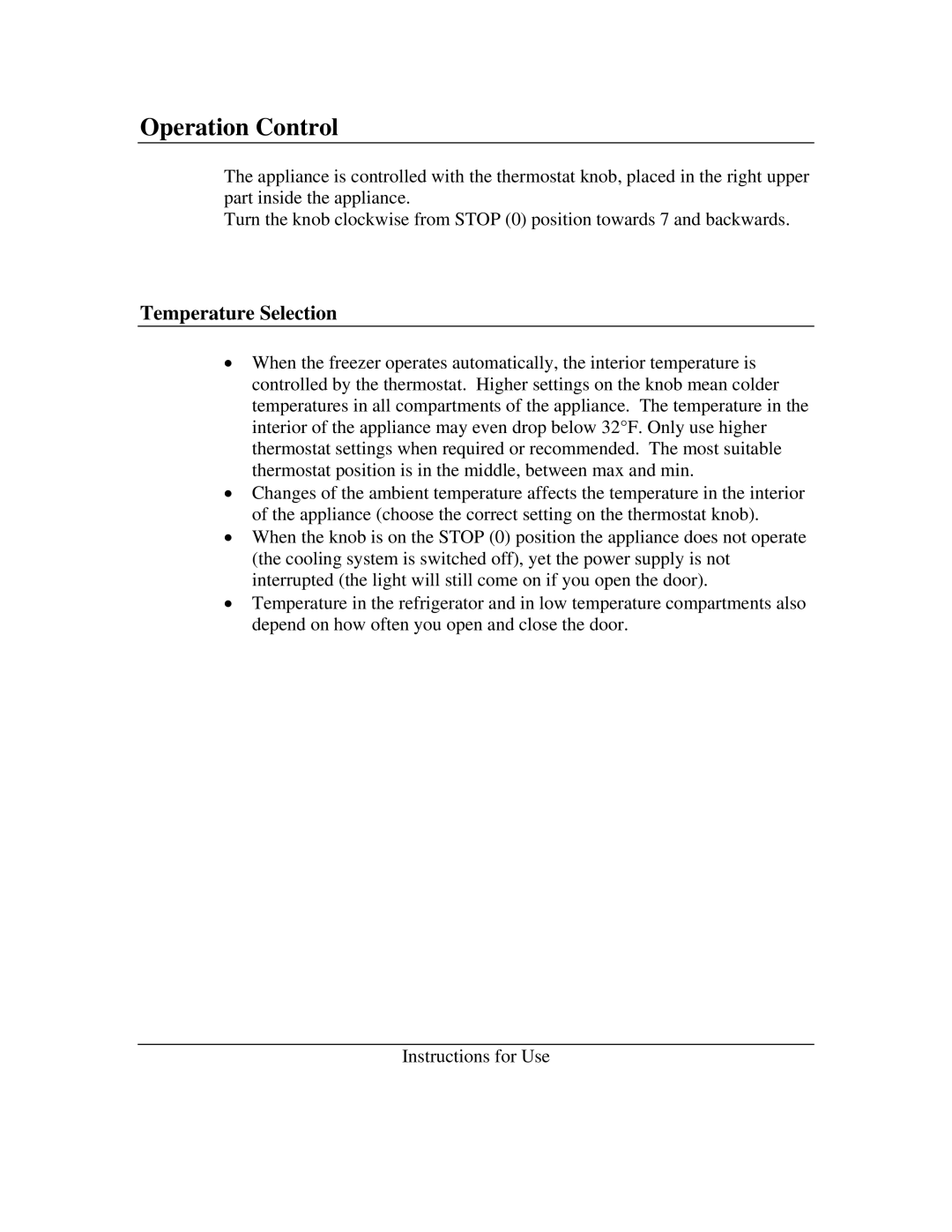 Summit ALB-651, ALB-653B, AL-650, AL-652B instruction manual Operation Control, Temperature Selection 