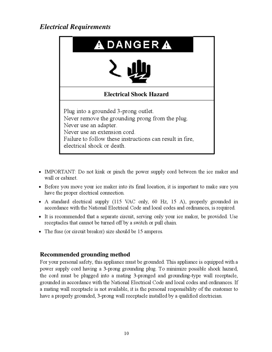 Summit BIM70 user manual Electrical Requirements, Electrical Shock Hazard, Recommended grounding method 