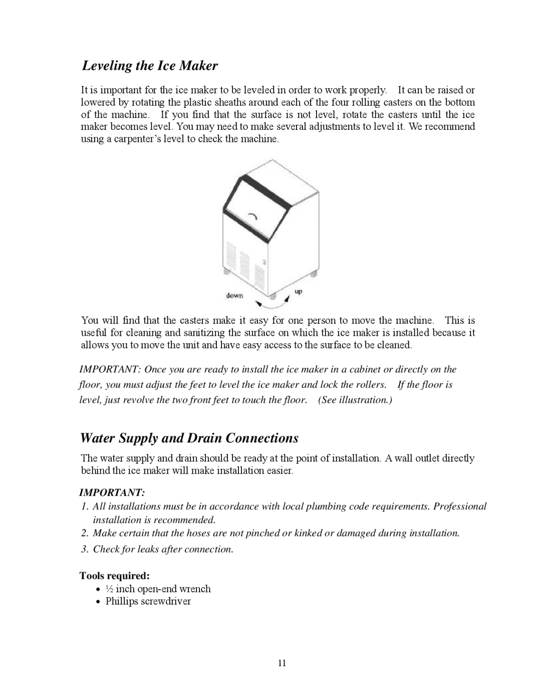 Summit BIM70 user manual Leveling the Ice Maker, Water Supply and Drain Connections, Tools required 