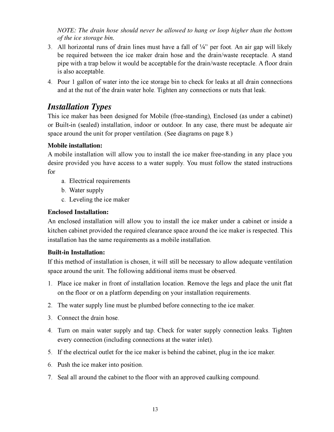 Summit BIM70 user manual Installation Types, Mobile installation, Enclosed Installation, Built-in Installation 