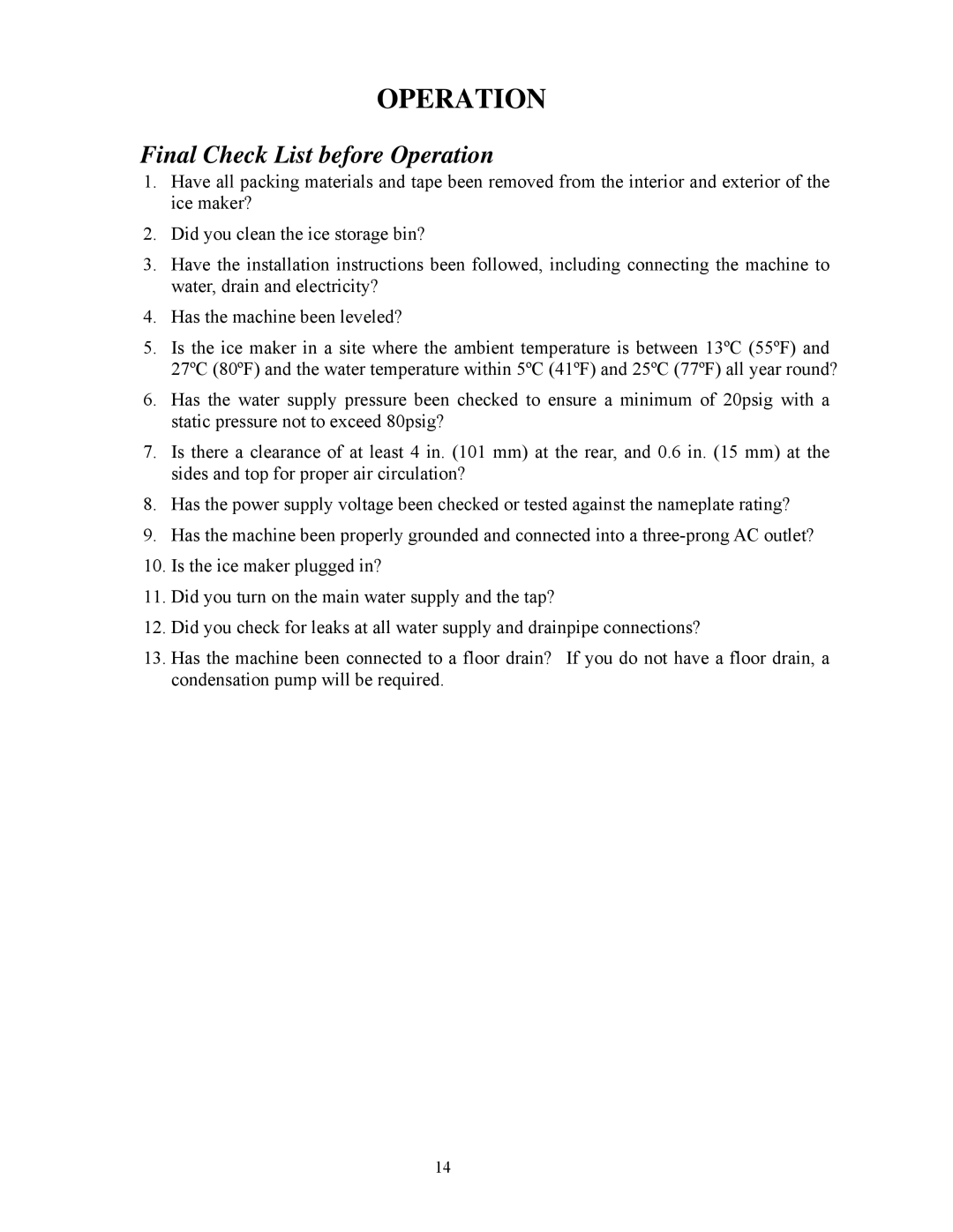 Summit BIM70 user manual Final Check List before Operation 