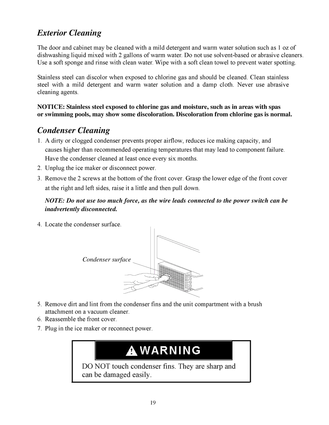 Summit BIM70 user manual Exterior Cleaning, Condenser Cleaning 