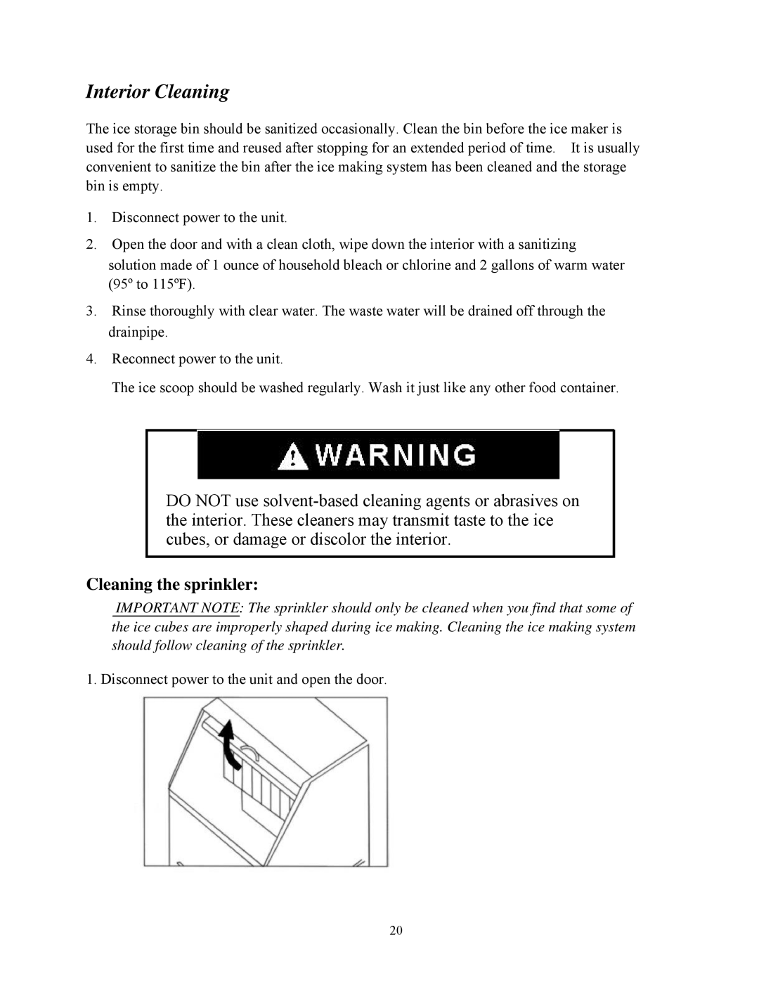 Summit BIM70 user manual Interior Cleaning, Cleaning the sprinkler 