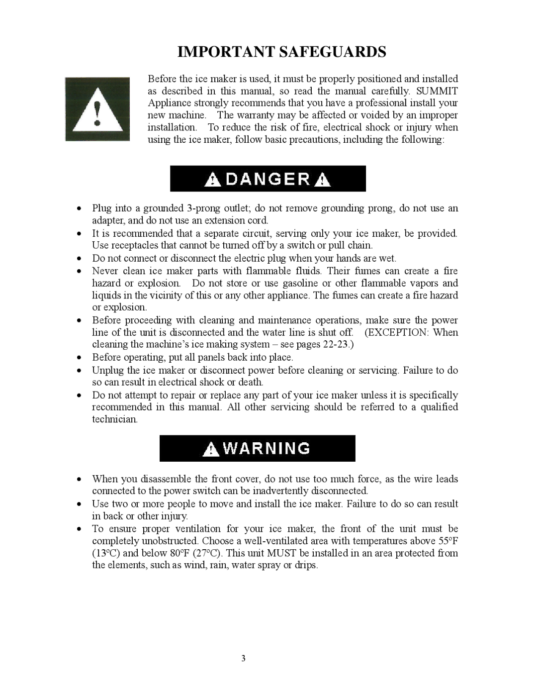 Summit BIM70 user manual Important Safeguards 