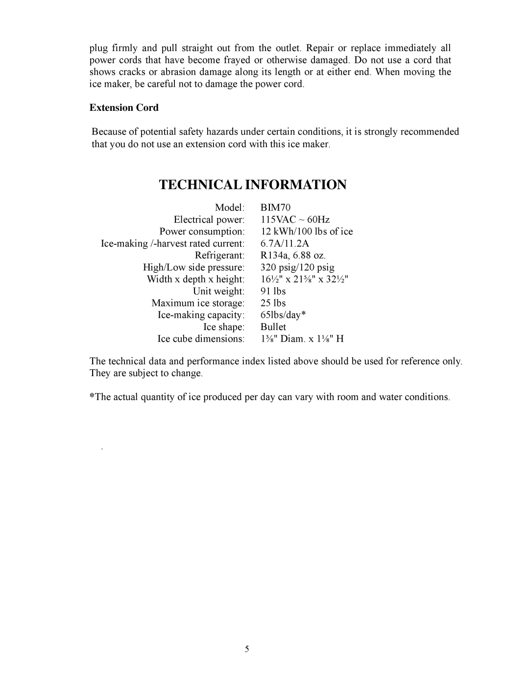 Summit BIM70 user manual Technical Information, Extension Cord 