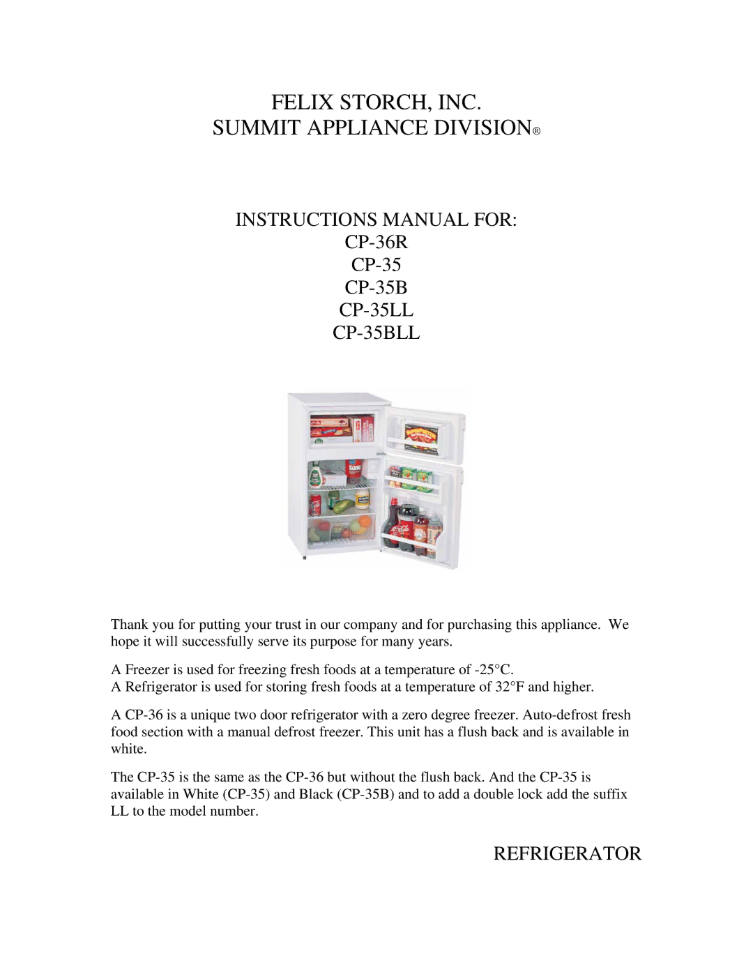 Summit CP-36R, CP-35LL, CP-35BLL manual Felix STORCH, INC Summit Appliance Division 