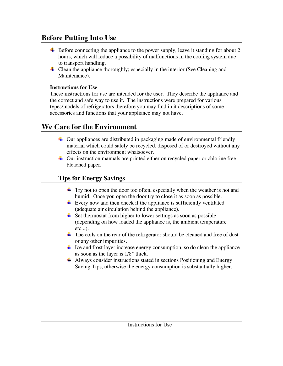 Summit CP-35LL, CP-36R Before Putting Into Use, We Care for the Environment, Tips for Energy Savings, Instructions for Use 