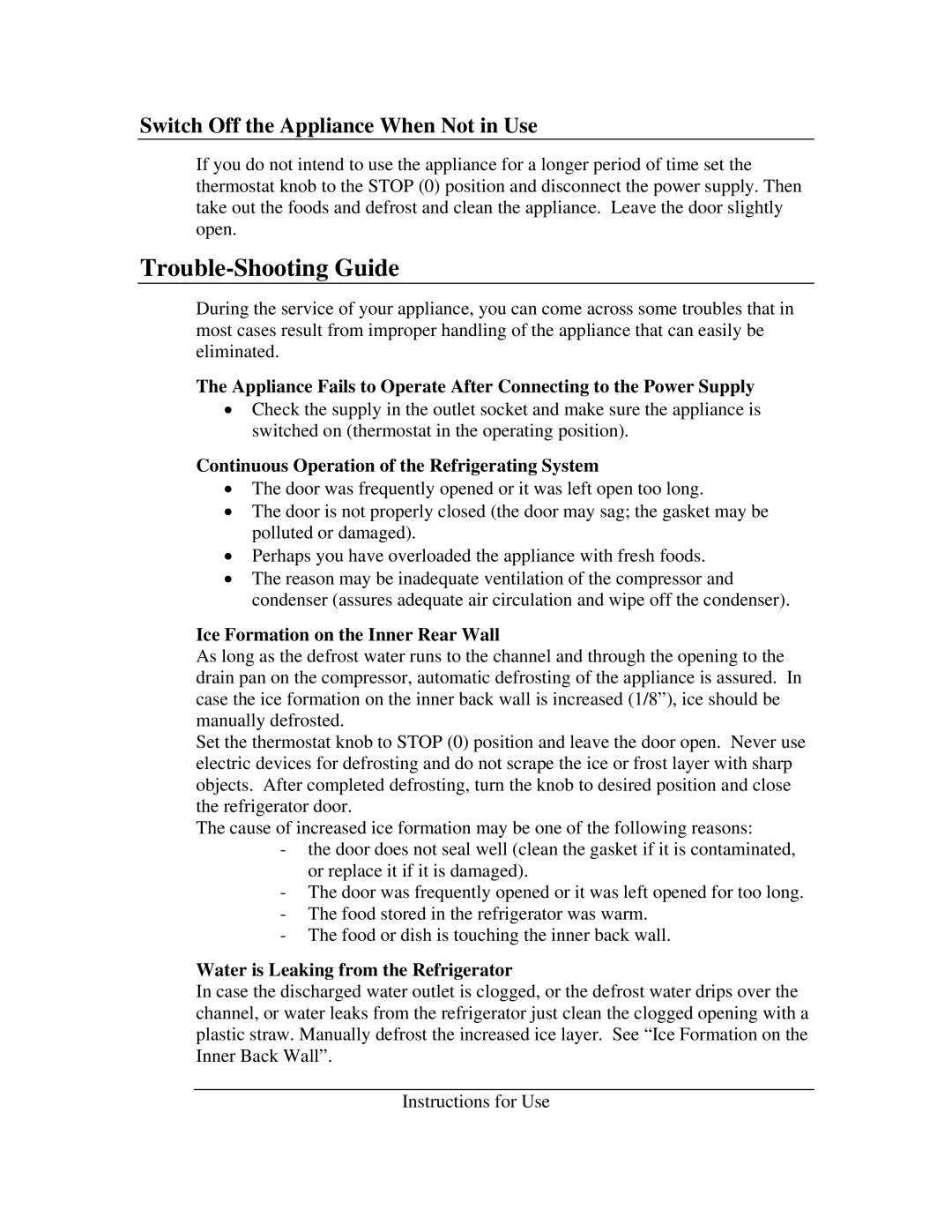 Summit CT-66 Trouble-Shooting Guide, Switch Off the Appliance When Not in Use, Ice Formation on the Inner Rear Wall 