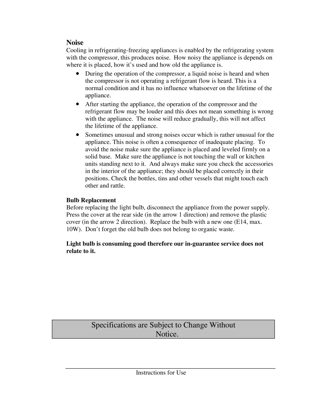 Summit CT-66 instruction manual Noise, Bulb Replacement 