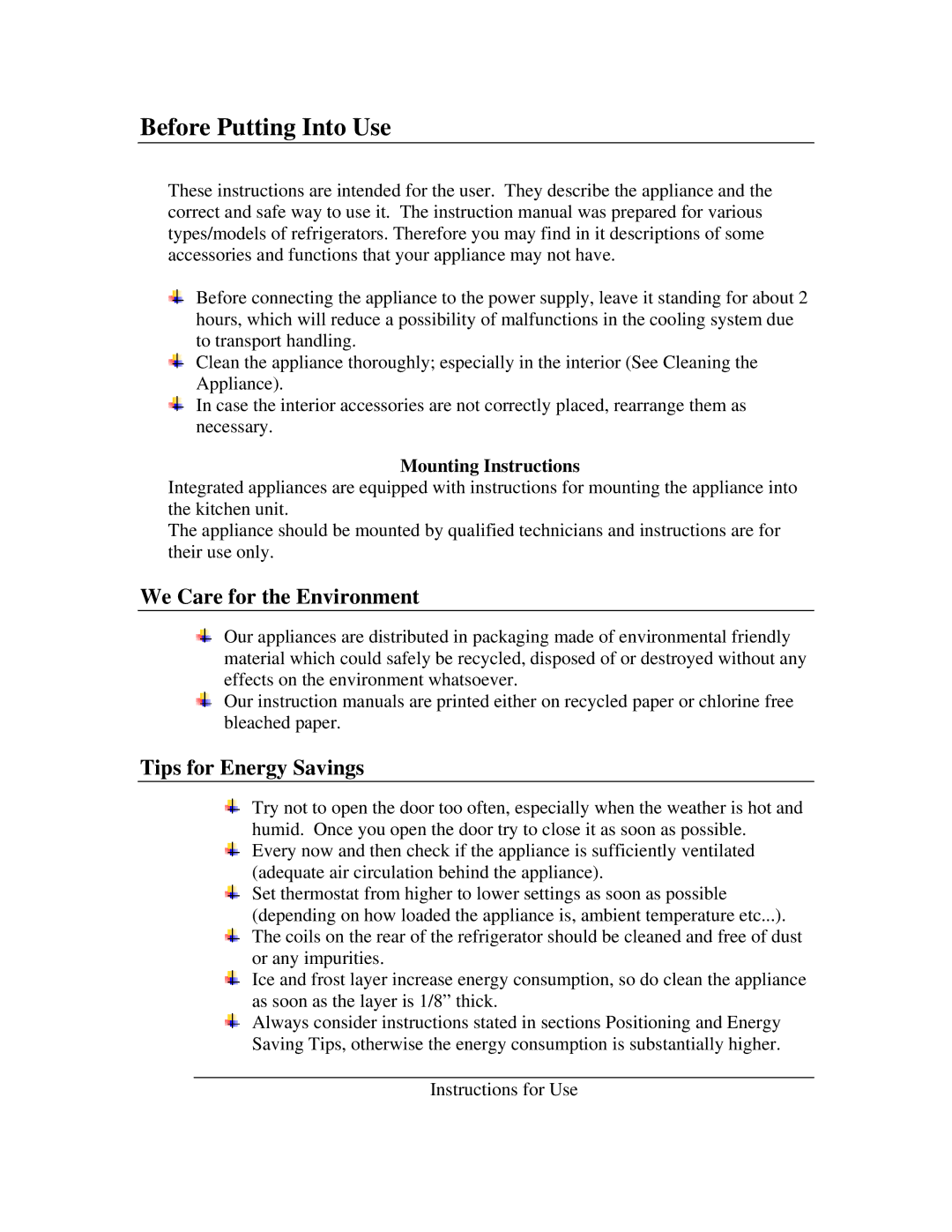 Summit CT-67A, CT-67B Before Putting Into Use, We Care for the Environment, Tips for Energy Savings, Mounting Instructions 