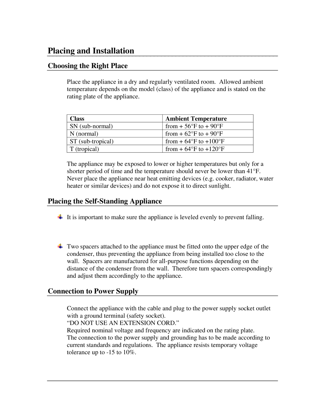 Summit CT-67B, CT-67SSTB, CT-67A Placing and Installation, Choosing the Right Place, Placing the Self-Standing Appliance 