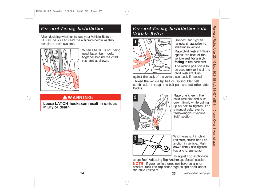 Summit ENG. 4358-3412E instruction manual Forward-Facing Installation with Vehicle Belts 