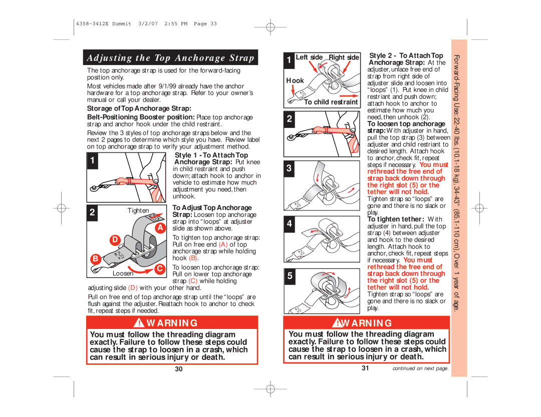 Summit ENG. 4358-3412E Adjusting the Top Anchorage Strap, Anchorage Strap Put knee, To Adjust Top Anchorage 