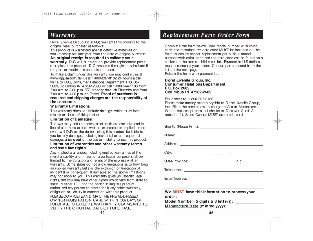 Summit ENG. 4358-3412E instruction manual Warranty, Replacement Parts Order Form, Limitation of Damages 