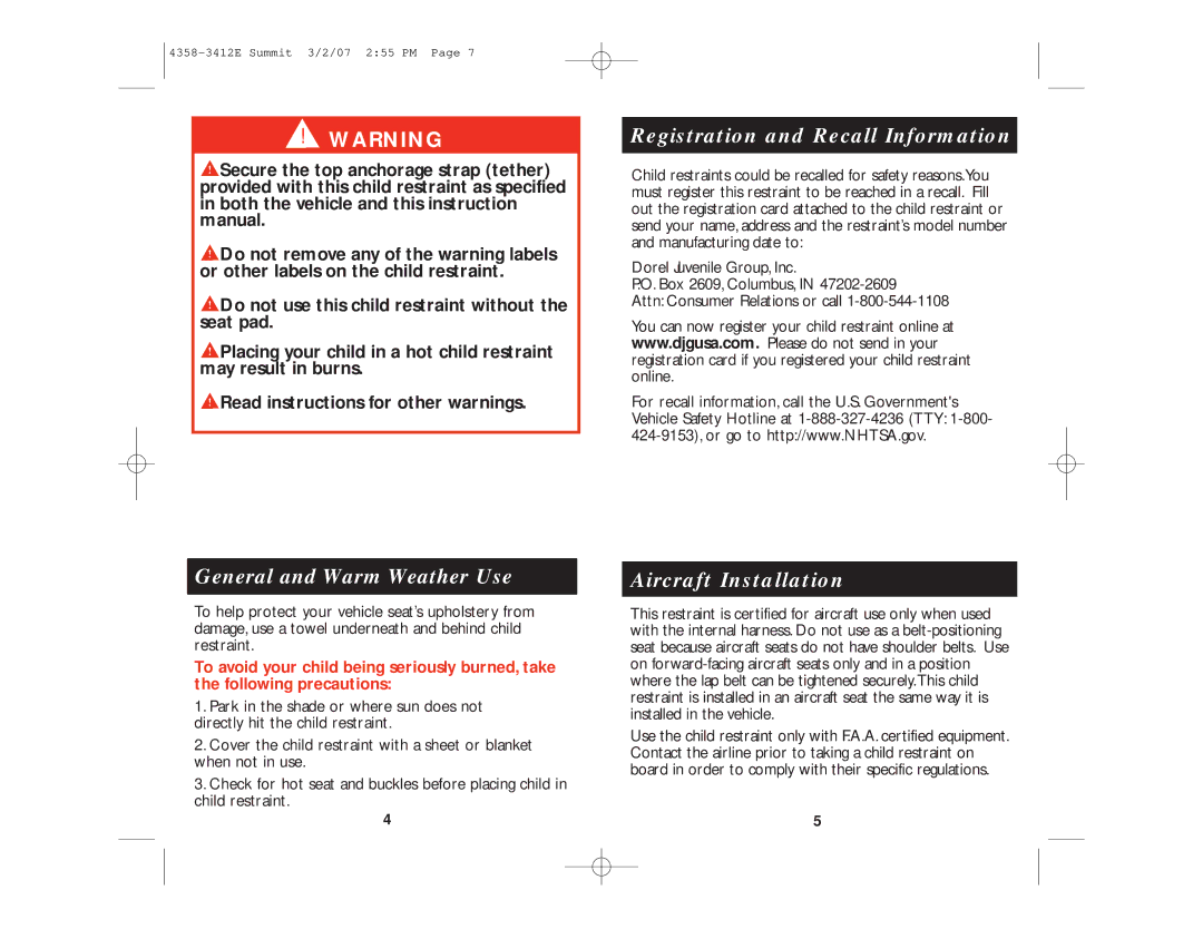 Summit ENG. 4358-3412E instruction manual Registration and Recall Information, Aircraft Installation 