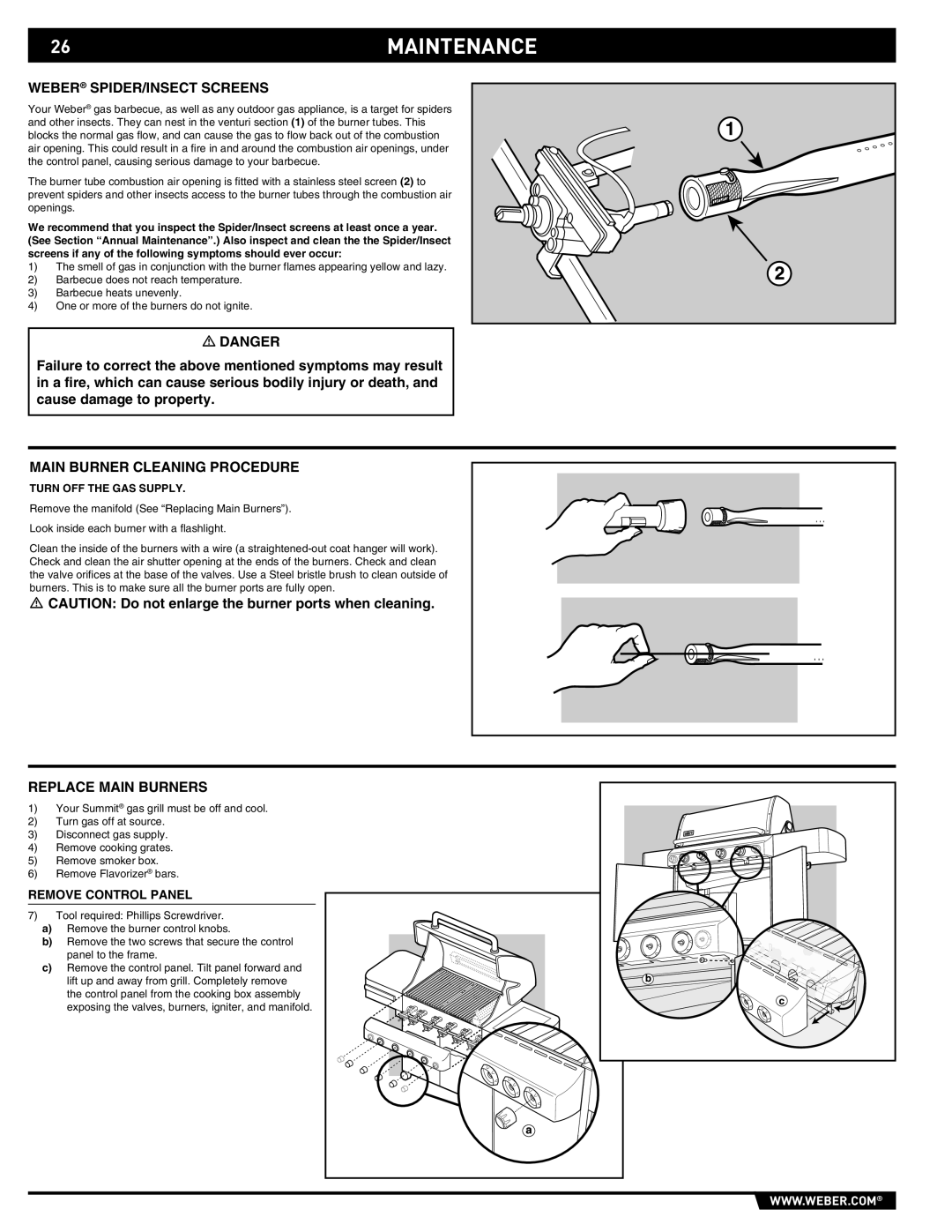 Summit E/S-420/450 manual 26MAINTENANCE, Weber SPIDER/INSECT Screens, Main Burner Cleaning Procedure, Replace Main Burners 