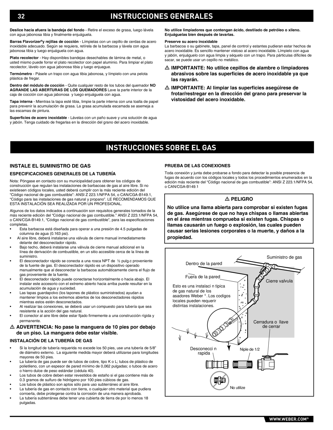 Summit E/S-420/450 Instrucciones Sobre EL GAS, Instale EL Suministro DE GAS, Especificaciones Generales DE LA Tubería 