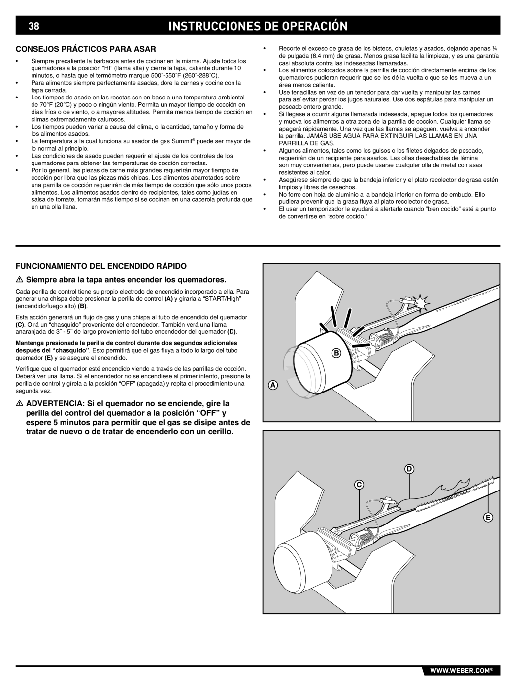 Summit E/S-420/450 manual Consejos Prácticos Para Asar, Funcionamiento DEL Encendido Rápido 