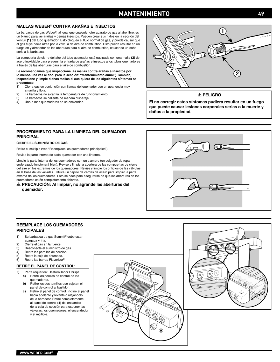 Summit E/S-420/450 manual MANTENIMIENTO49, Mallas Weber Contra Arañas E Insectos, Reemplace LOS Quemadores Principales 