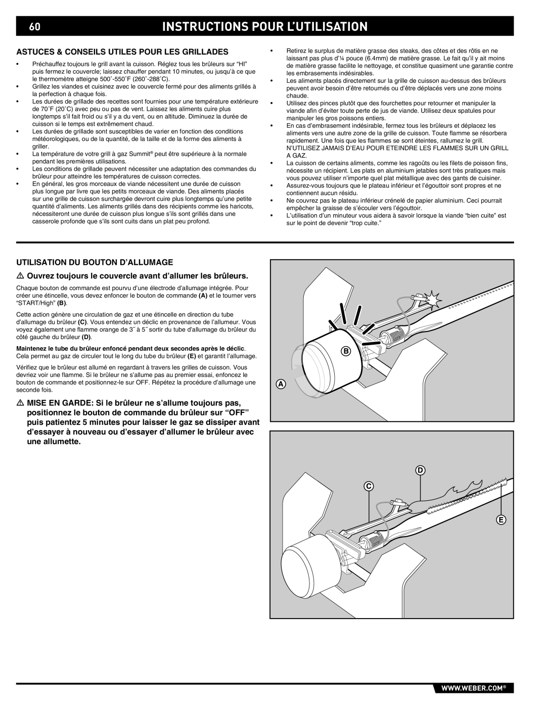 Summit E/S-420/450 manual Astuces & Conseils Utiles Pour LES Grillades, Utilisation DU Bouton D’ALLUMAGE 