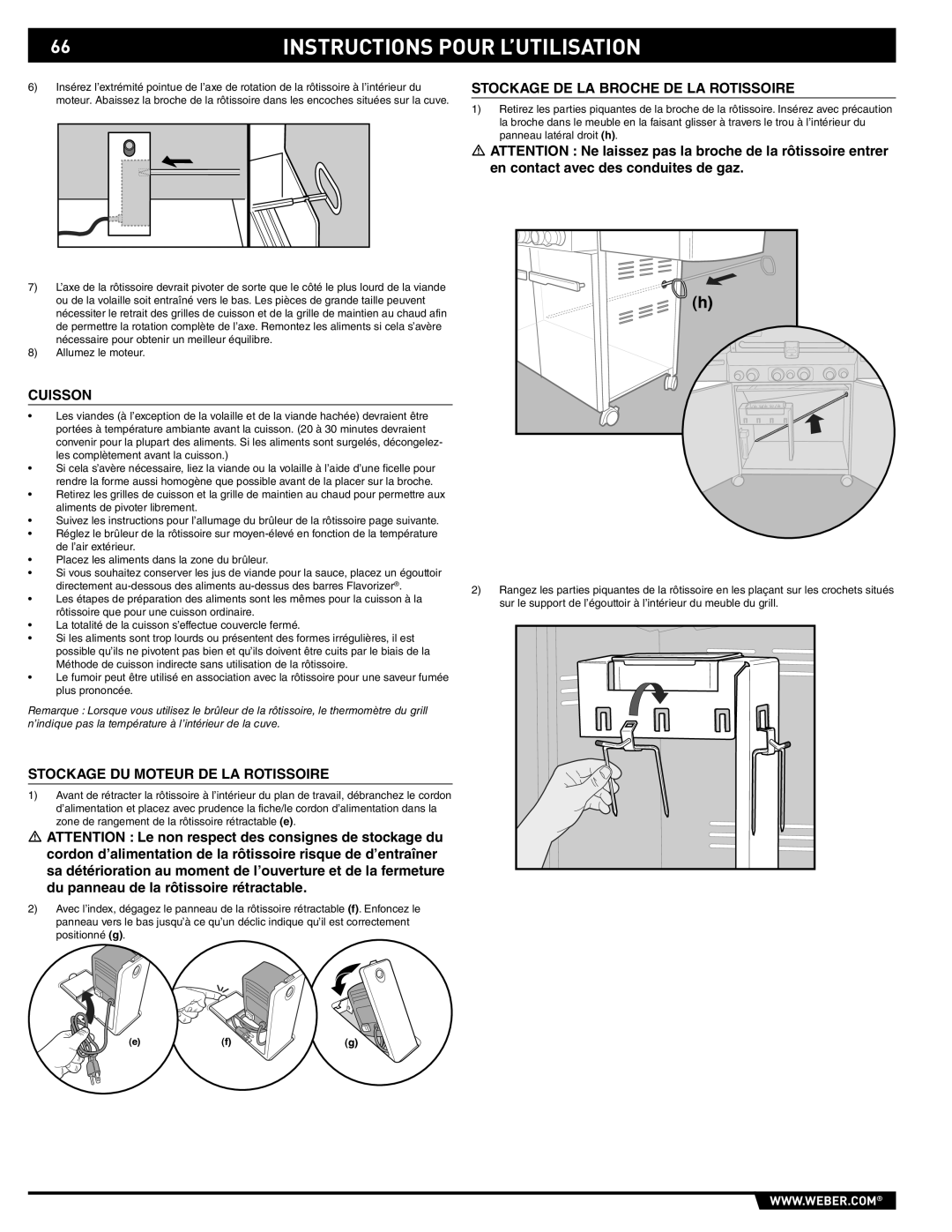 Summit E/S-420/450 manual Stockage DE LA Broche DE LA Rotissoire, Cuisson, Stockage DU Moteur DE LA Rotissoire 